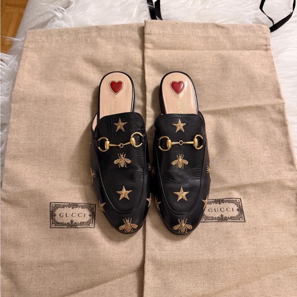 Gucci Black Star and Bee Embroidered Mules